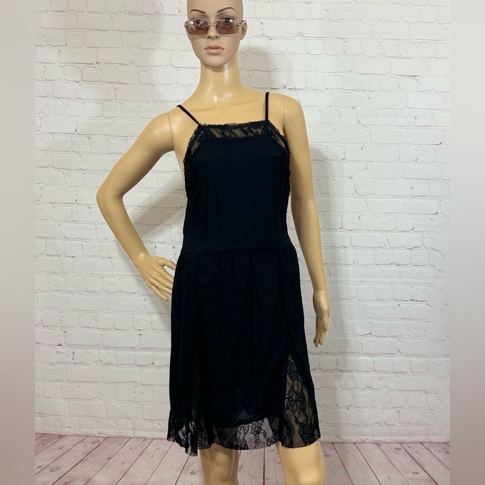 FREE PEOPLE INTIMATELY lace trimmed semi sheer mini slip dress black Medium GUC - Picture 1 of 16